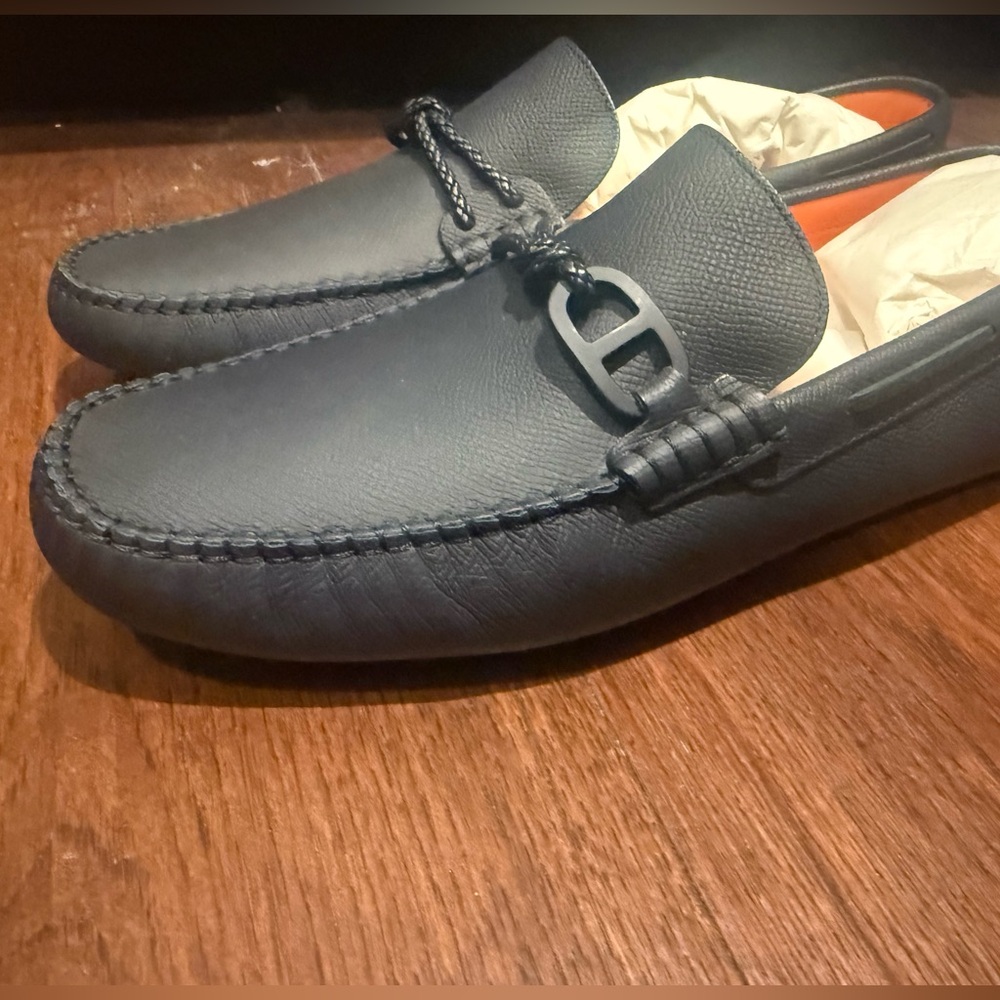 AUTHENTIC MENS HERMES ALLESANDRO LEATHER LOAFERS, SIZE US 9.5, NAVY - Picture 9 of 15